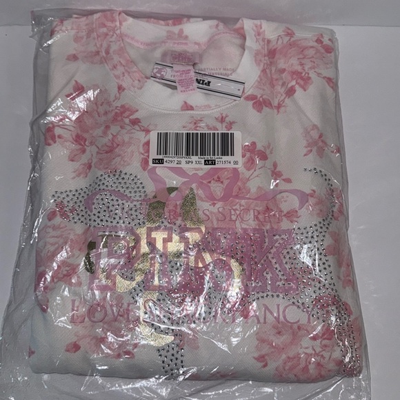 VS PINK x LoveShackFancy Pink Oversized Crew Sweatshirt Everblooming White XXL - Picture 1 of 4